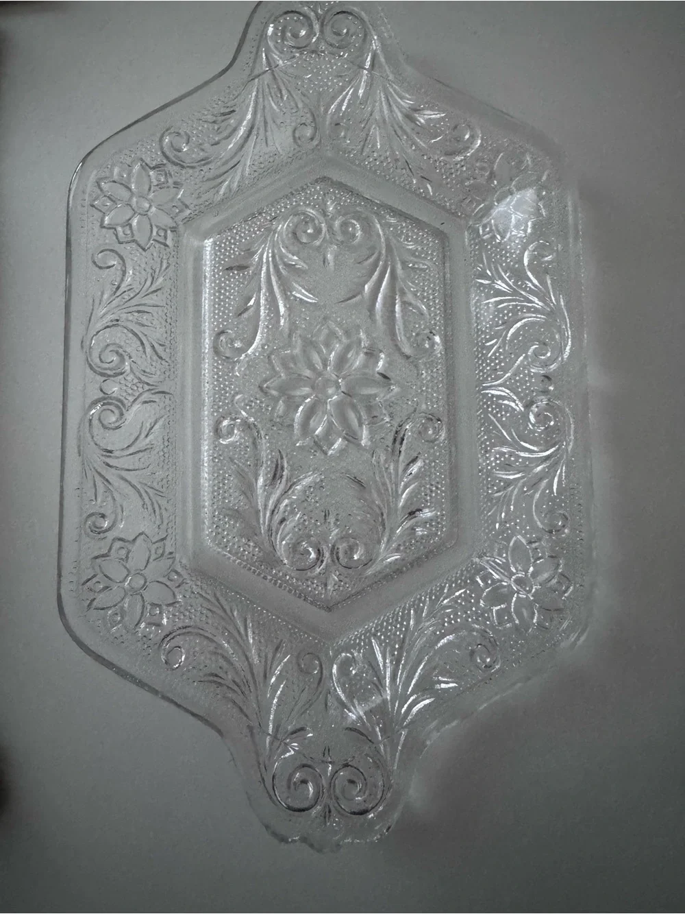Vintage Decorative Clear Glass Vanity Tray with Intricate Etching Cottagecore